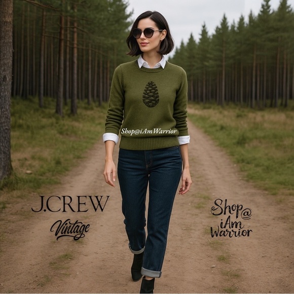 J.Crew RARE vintage pinecone motif heathered olive lambswool sweater *iamwarrior - Picture 2 of 10